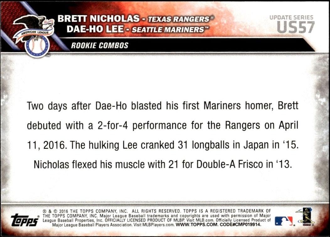2016 Topps Update Series Brett Nicholas #US57 baseball trading card back