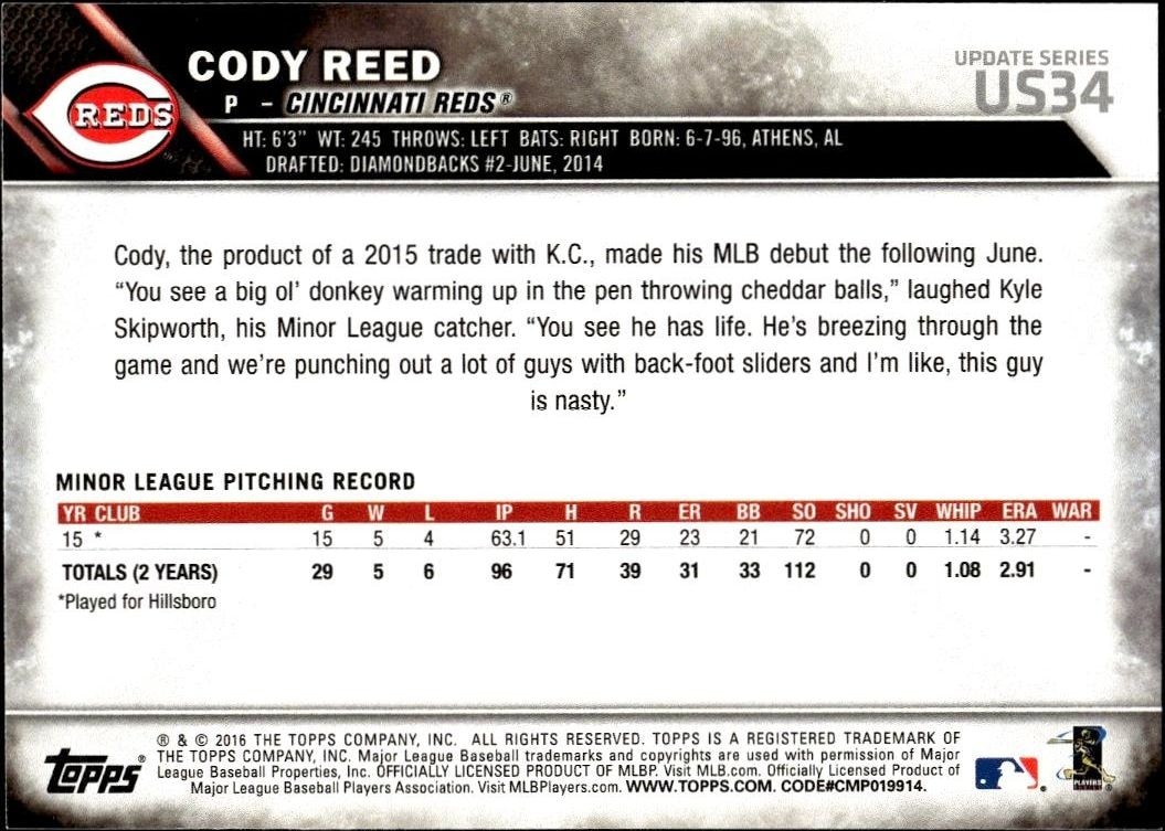 2016 Topps Update Series Cody Reed #US34 baseball trading card back