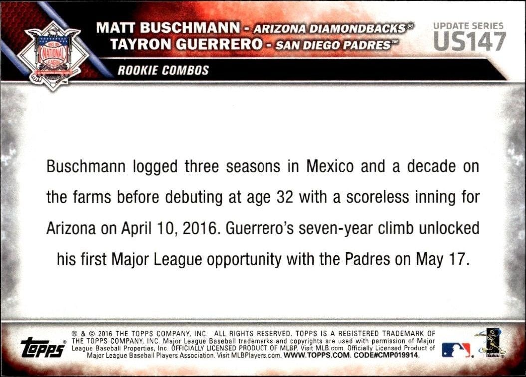 2016 Topps Update Series Matt Buschmann #US147 baseball trading card back