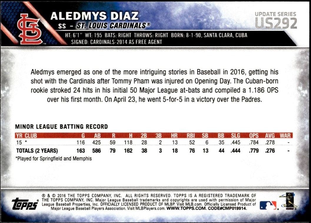 2016 Topps Update Series Aledmys Diaz #US292 baseball trading card back
