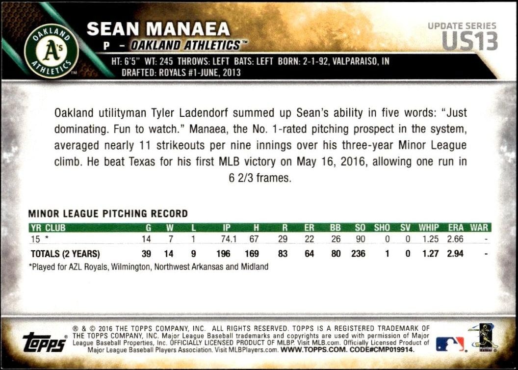 2016 Topps Update Series Sean Manaea #US13 baseball trading card back