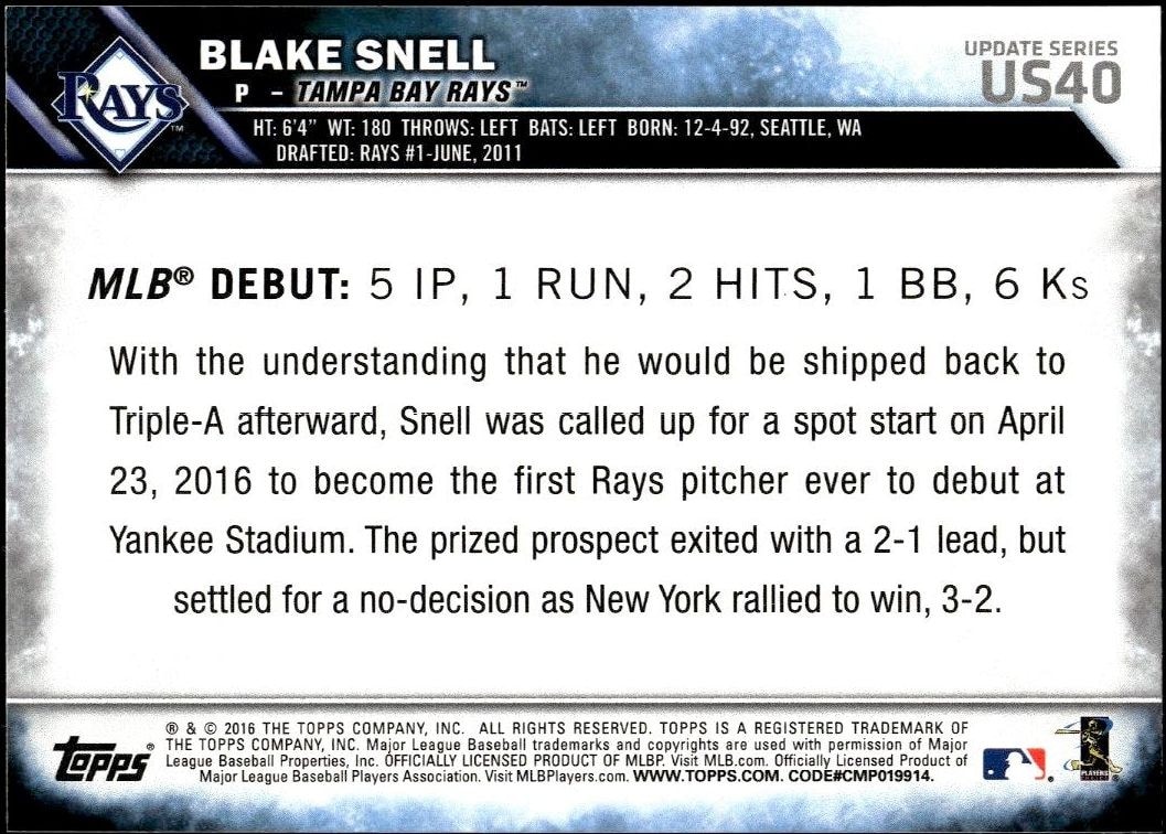 2016 Topps Update Series Blake Snell #US40 baseball trading card back