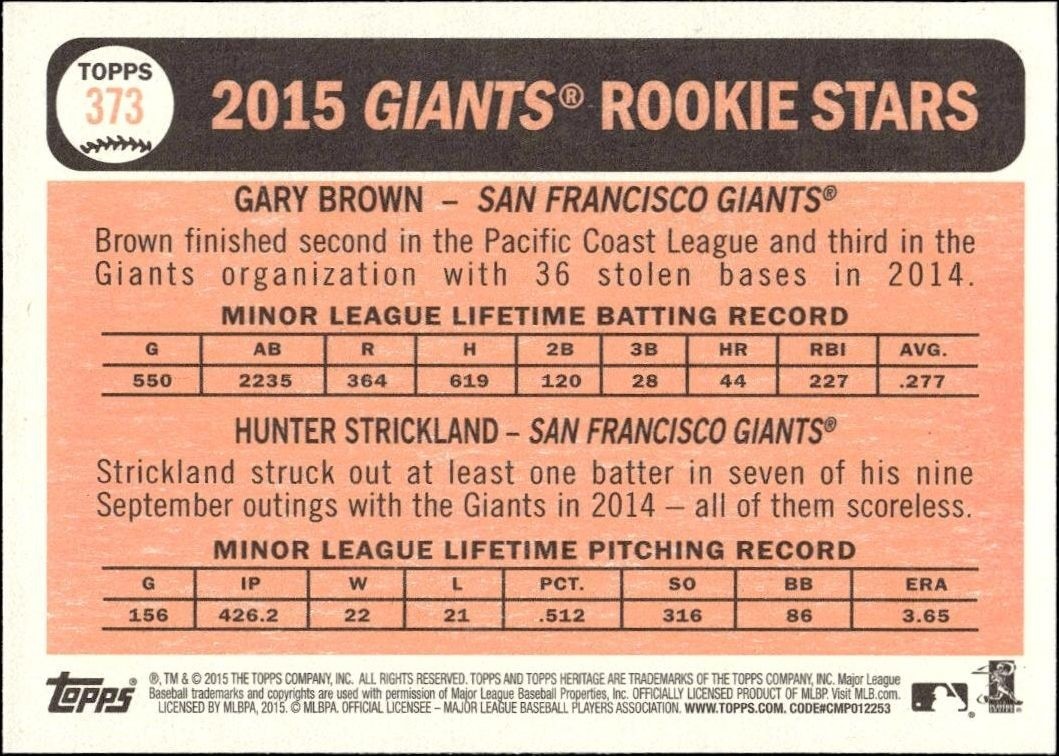 2015 Topps Heritage Gary Brown #373 baseball trading card back
