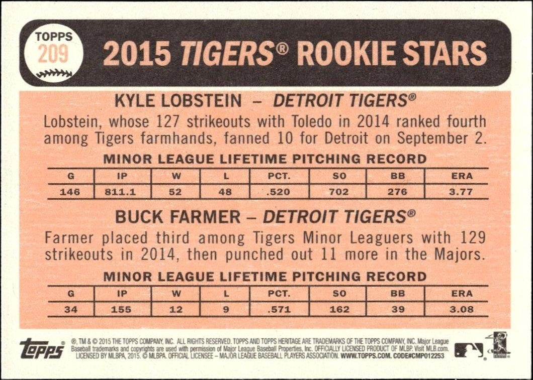 2015 Topps Heritage Kyle Lobstein #209 baseball trading card back