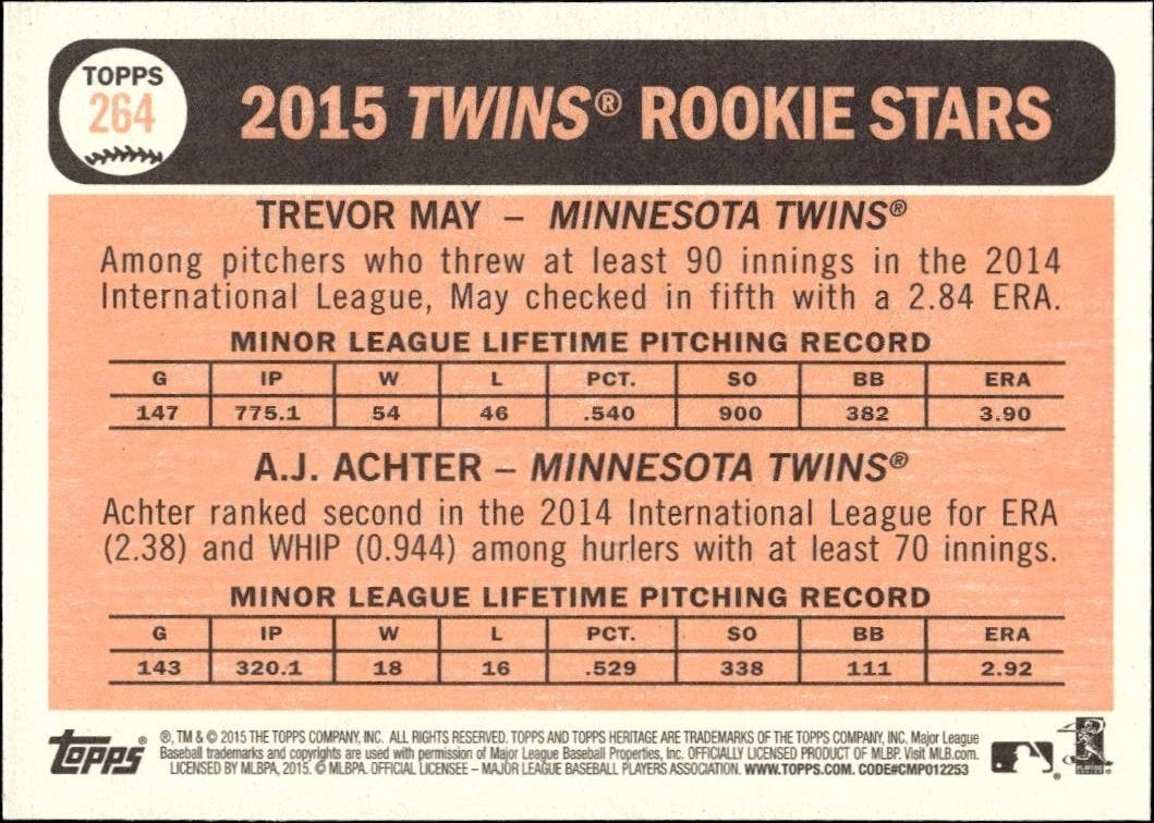 2015 Topps Heritage Trevor May #264 baseball trading card back