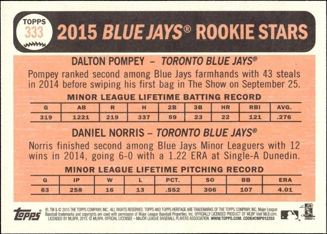 2015 Topps Heritage Dalton Pompey #333 baseball trading card back
