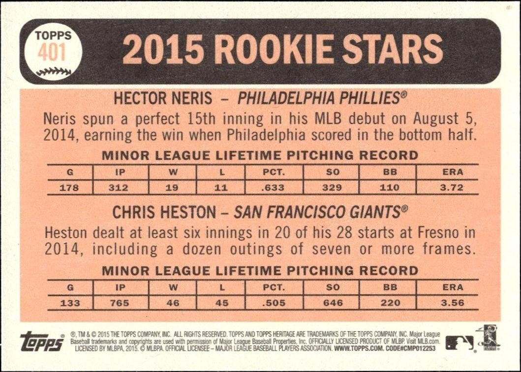 2015 Topps Heritage Hector Neris #401 baseball trading card back