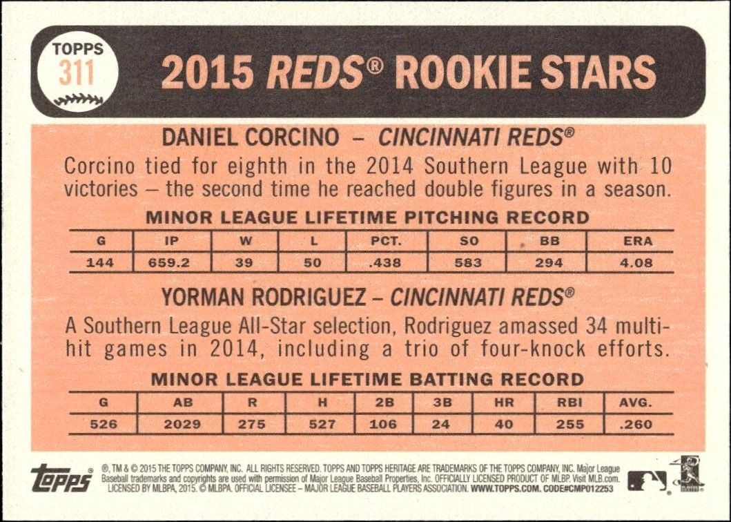 2015 Topps Heritage Daniel Corcino #311 baseball trading card back