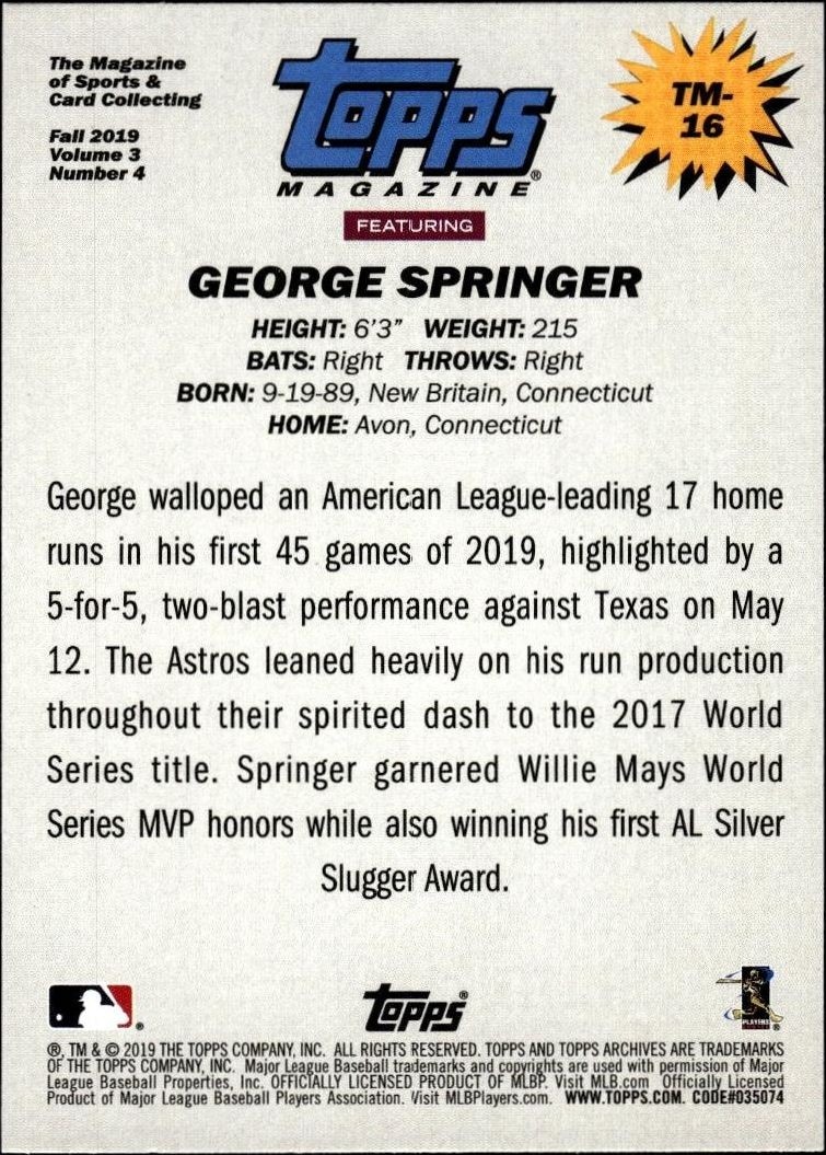 2019 Topps Archives George Springer #TM-16 baseball trading card back