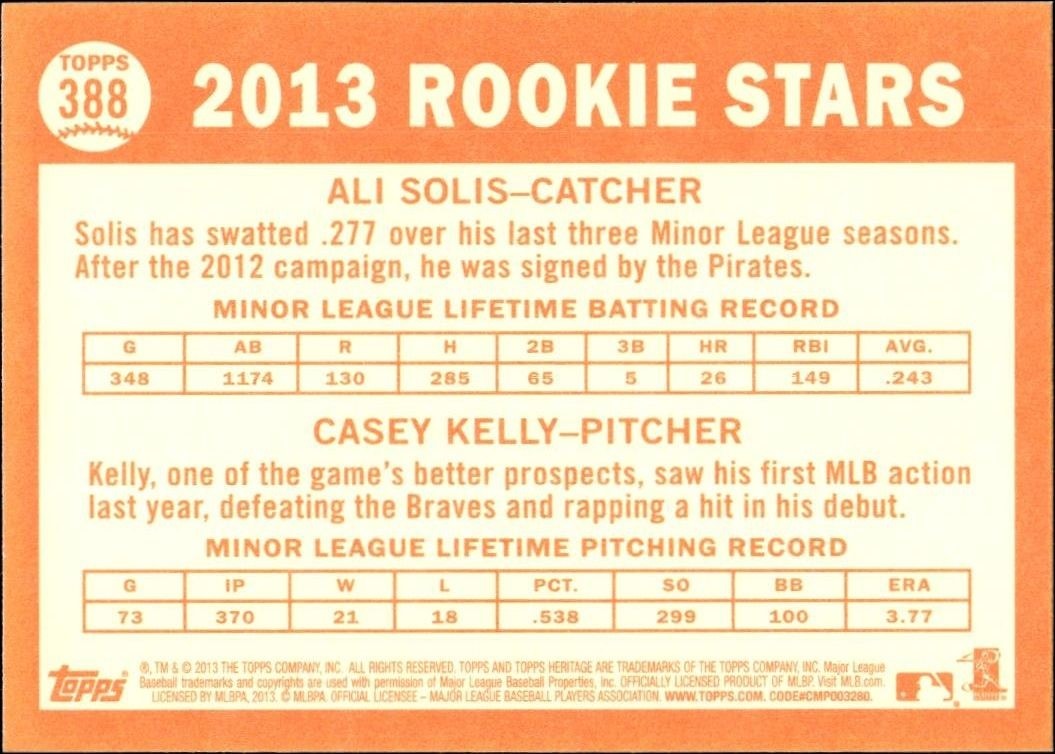 2013 Topps Heritage Ali Solis #388 baseball trading card back