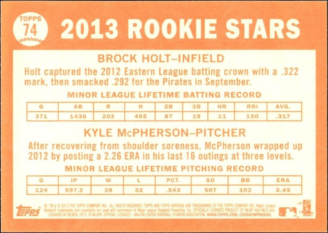 2013 Topps Heritage Brock Holt #74 baseball trading card back