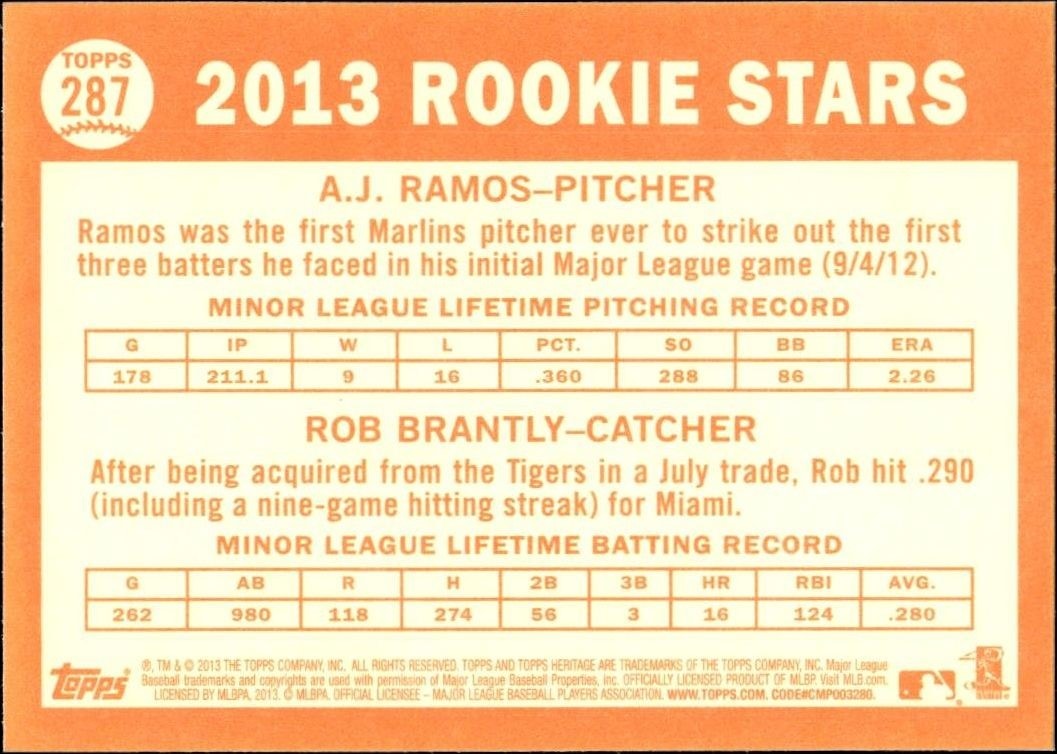 2013 Topps Heritage A.J. Ramos #287 baseball trading card back