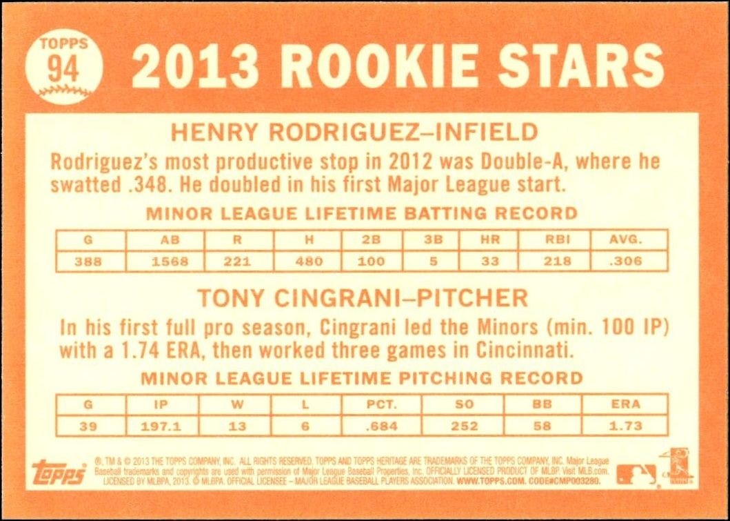 2013 Topps Heritage Henry Rodriguez #94 baseball trading card back