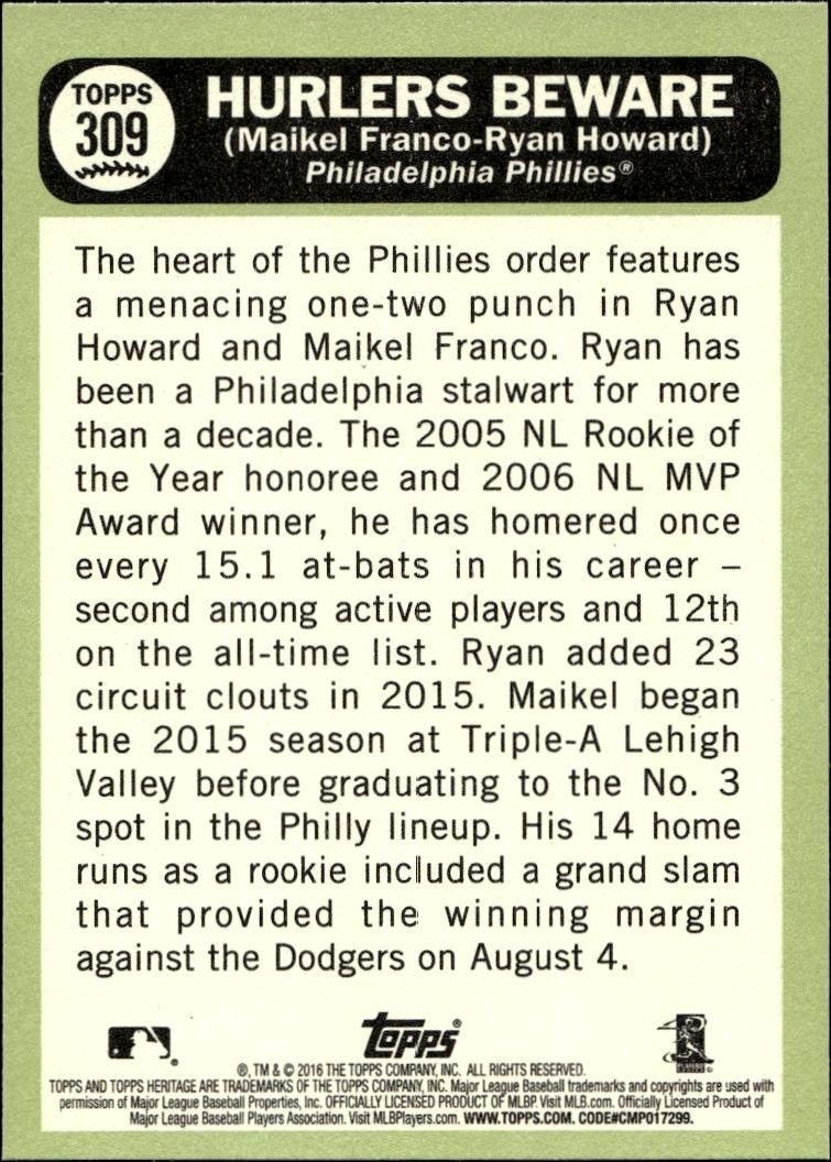 2016 Topps Heritage Maikel Franco #309 baseball trading card back