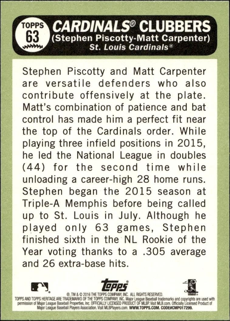 2016 Topps Heritage Stephen Piscotty #63 baseball trading card back