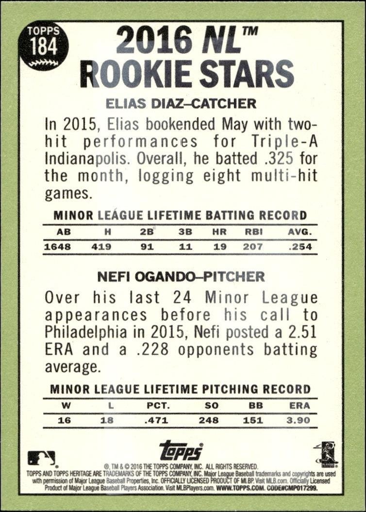 2016 Topps Heritage Elias Diaz #184 baseball trading card back