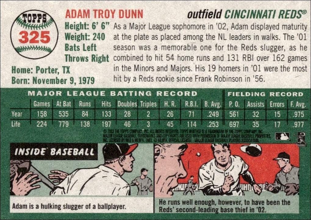 2003 Topps Heritage Adam Dunn #325 baseball trading card back