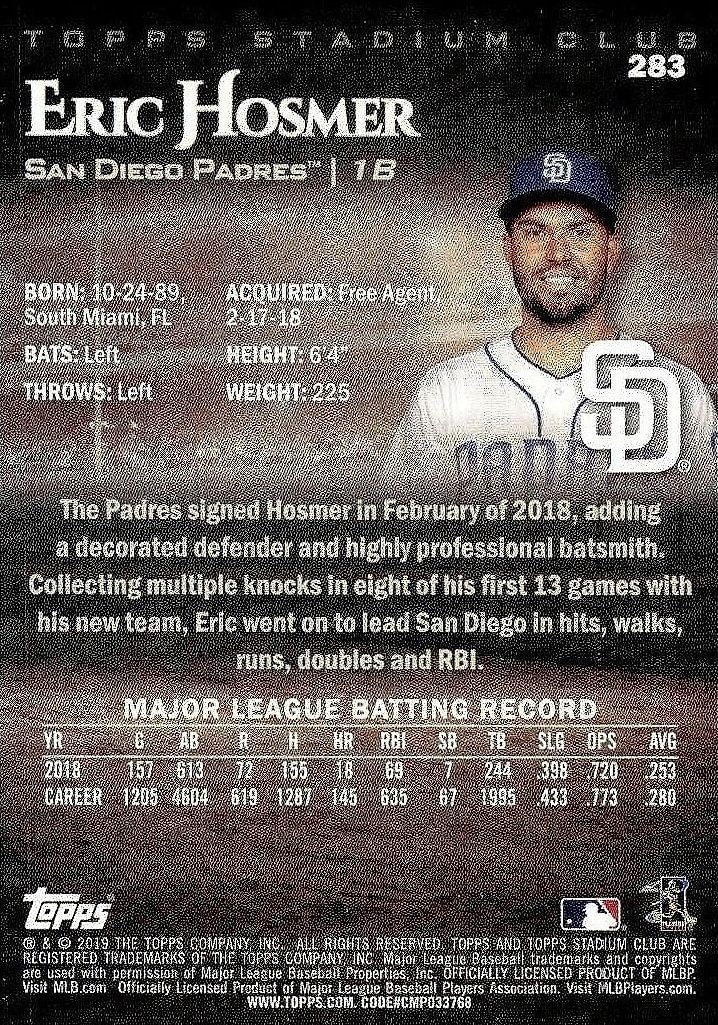 2019 Topps Stadium Club Eric Hosmer #283 baseball trading card back
