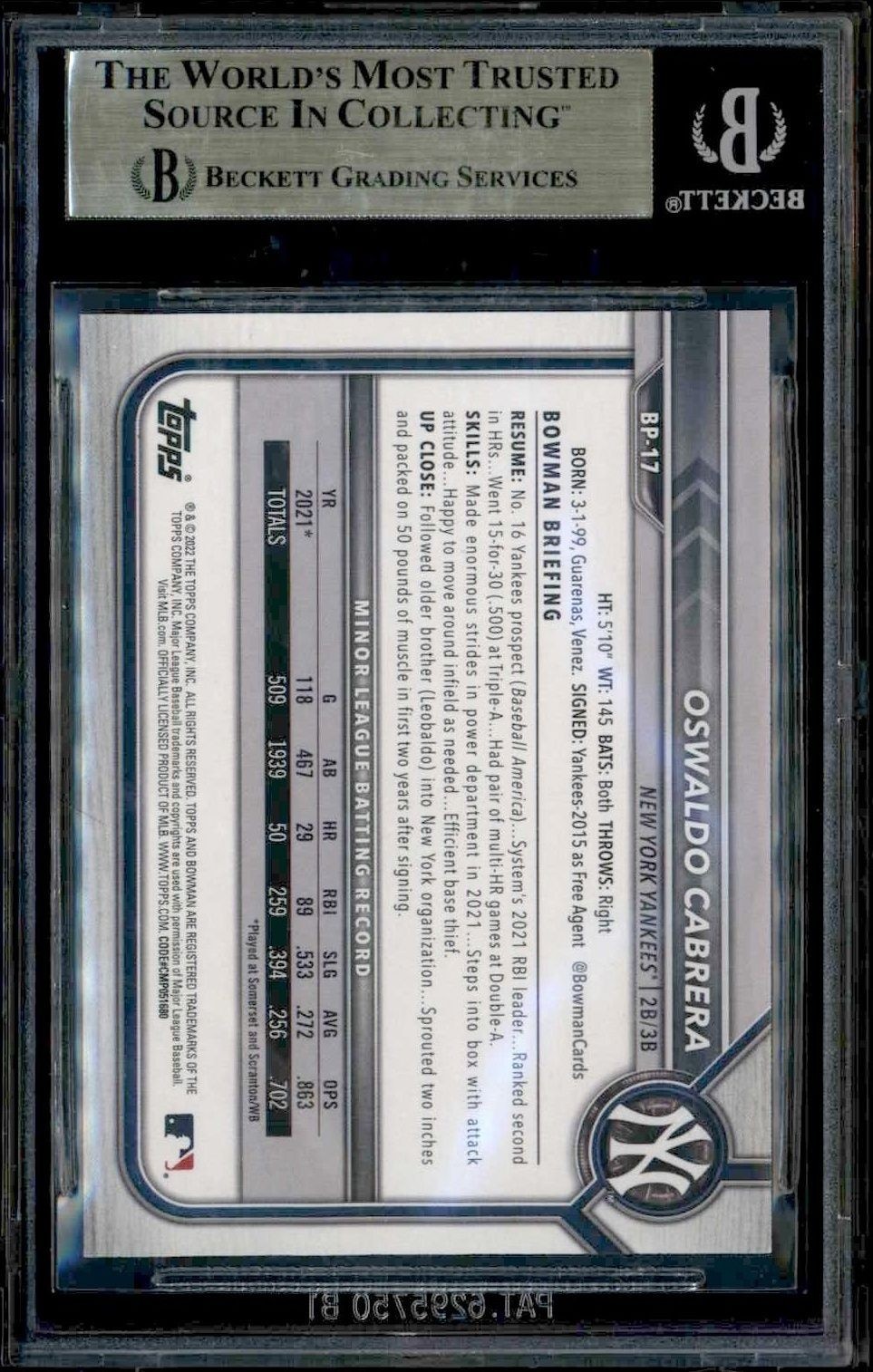 2022 Bowman Prospects Oswaldo Cabrera #BP-17 baseball trading card back