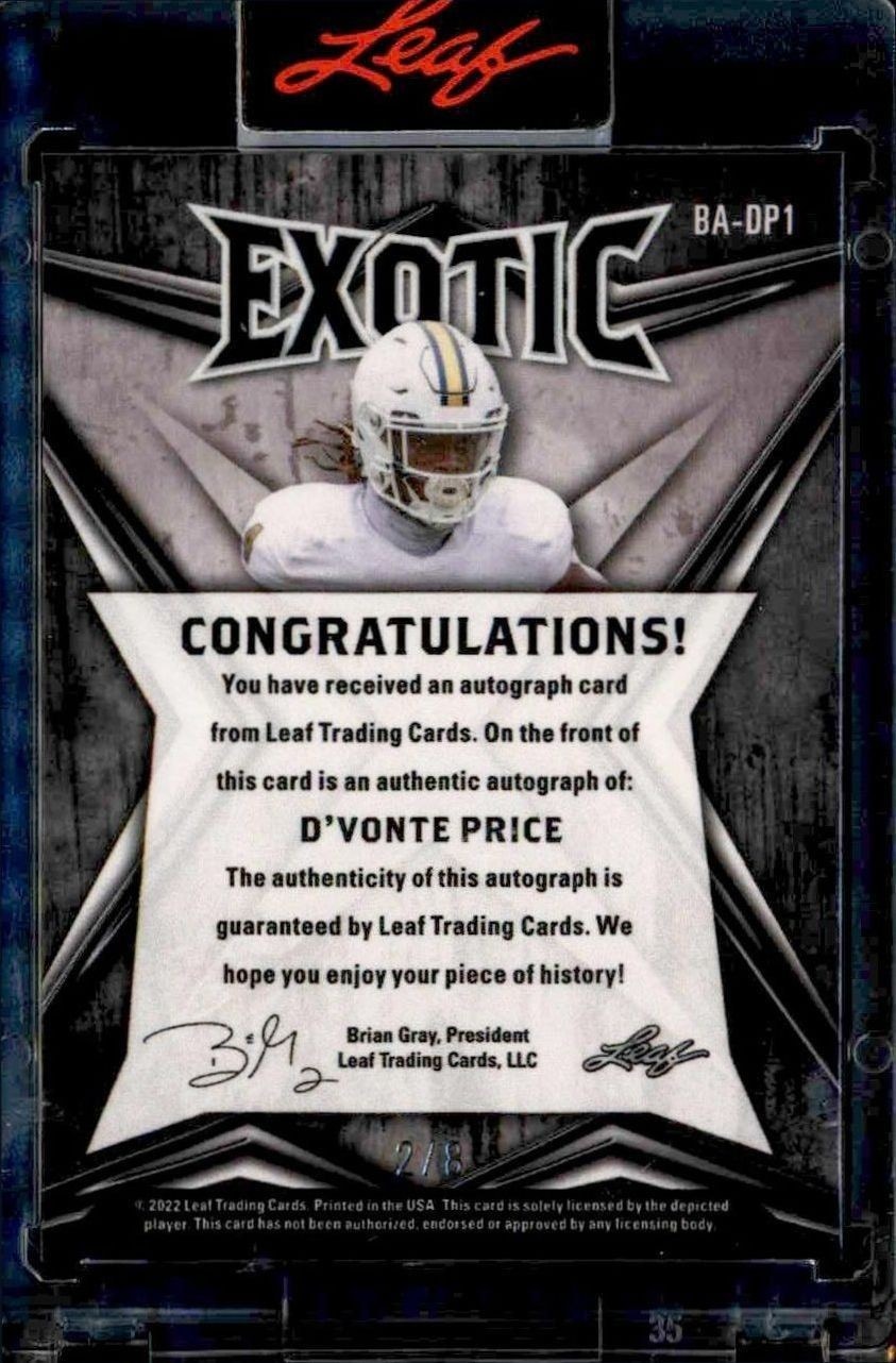 2022 Leaf Exotic D'Vonte Price #BA-DP1 football trading card back