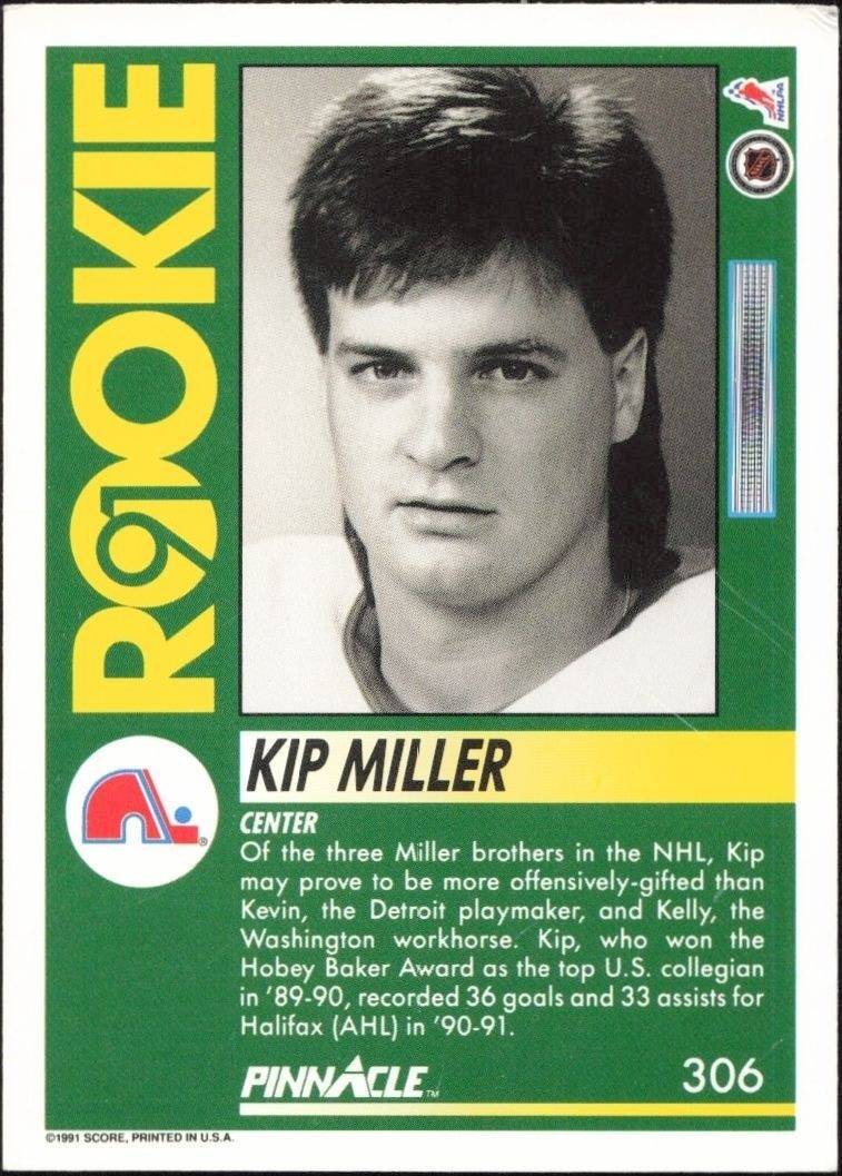 1991-92 Pinnacle Kip Miller #306 hockey trading card back