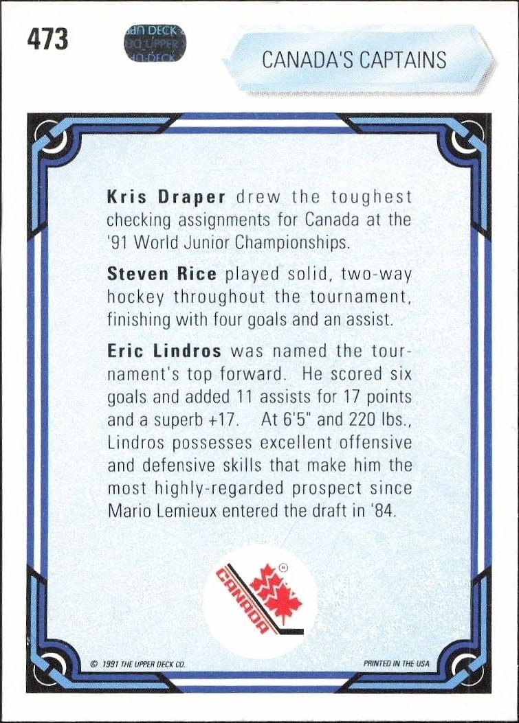 1990-91 Upper Deck Kris Draper #473 hockey trading card back