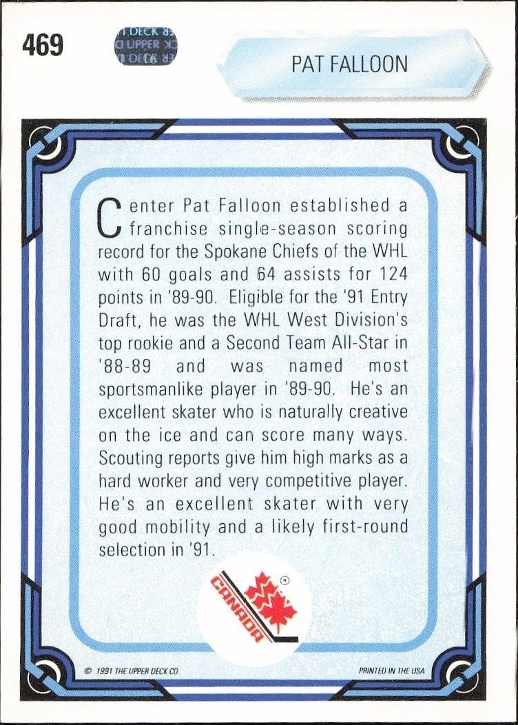 1990-91 Upper Deck Pat Falloon #469 hockey trading card back