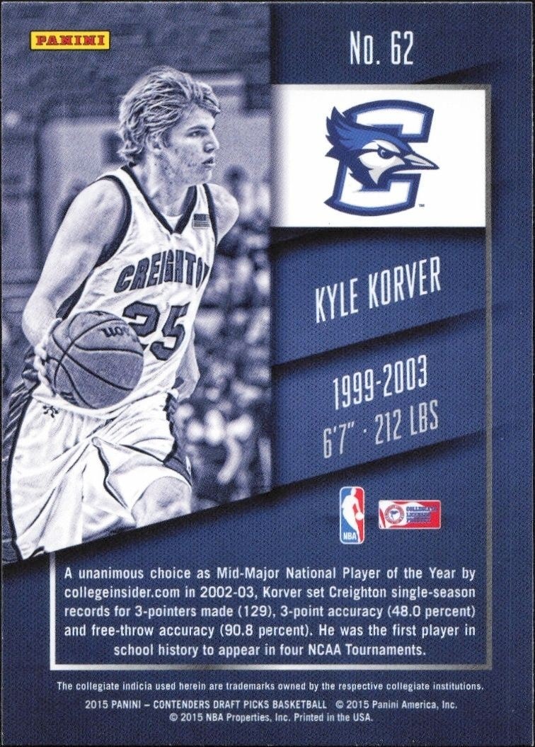 2015-16 Panini Contenders Draft Picks Kyle Korver #62 basketball trading card back