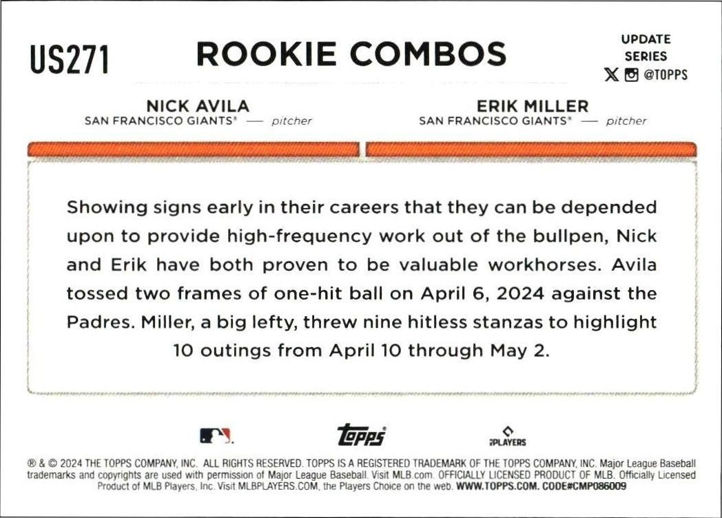 2024 Topps Update Series Erik Miller #US271 baseball trading card back