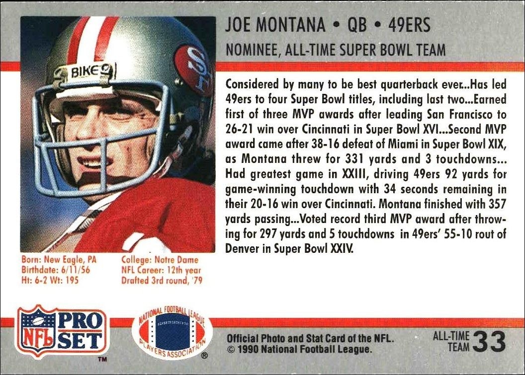 1990 Pro Set Joe Montana #33 football trading card back