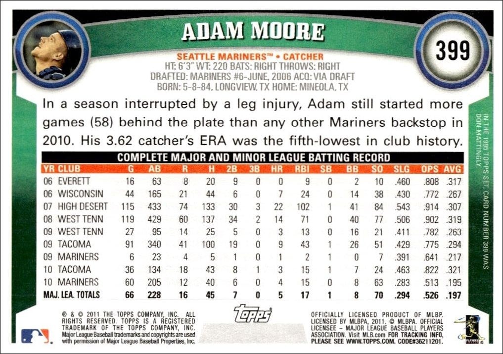 2011 Topps Series 2 Adam Moore #399 baseball trading card back