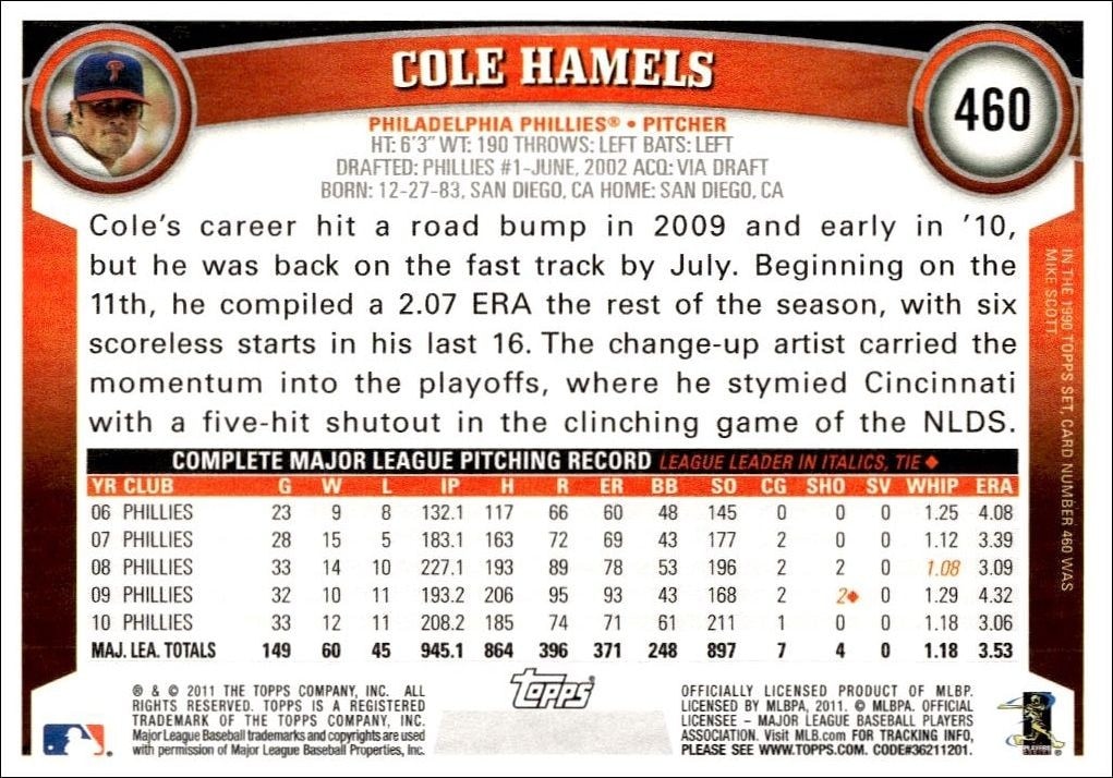 2011 Topps Series 2 Cole Hamels #460 baseball trading card back