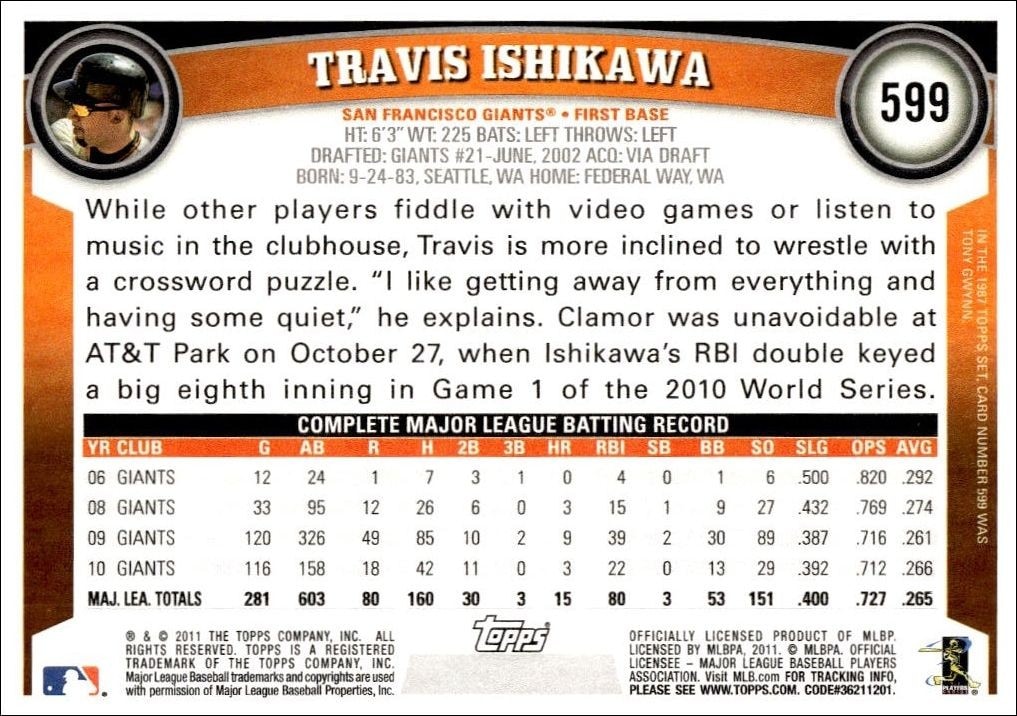 2011 Topps Series 2 Travis Ishikawa #599 baseball trading card back