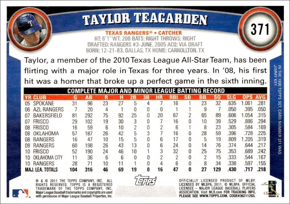 2011 Topps Series 2 Taylor Teagarden #371 baseball trading card back