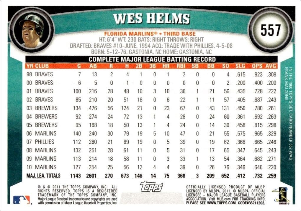 2011 Topps Series 2 Wes Helms #557 baseball trading card back