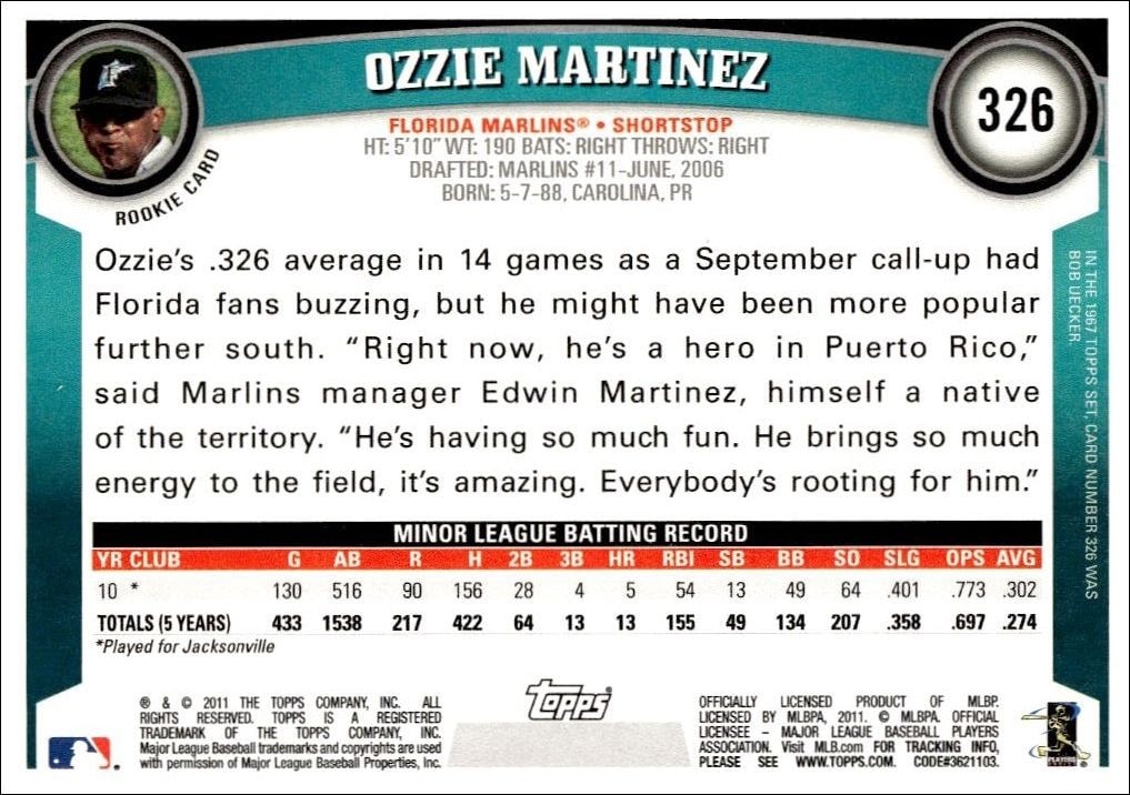 2011 Topps Ozzie Martinez #326 baseball trading card back