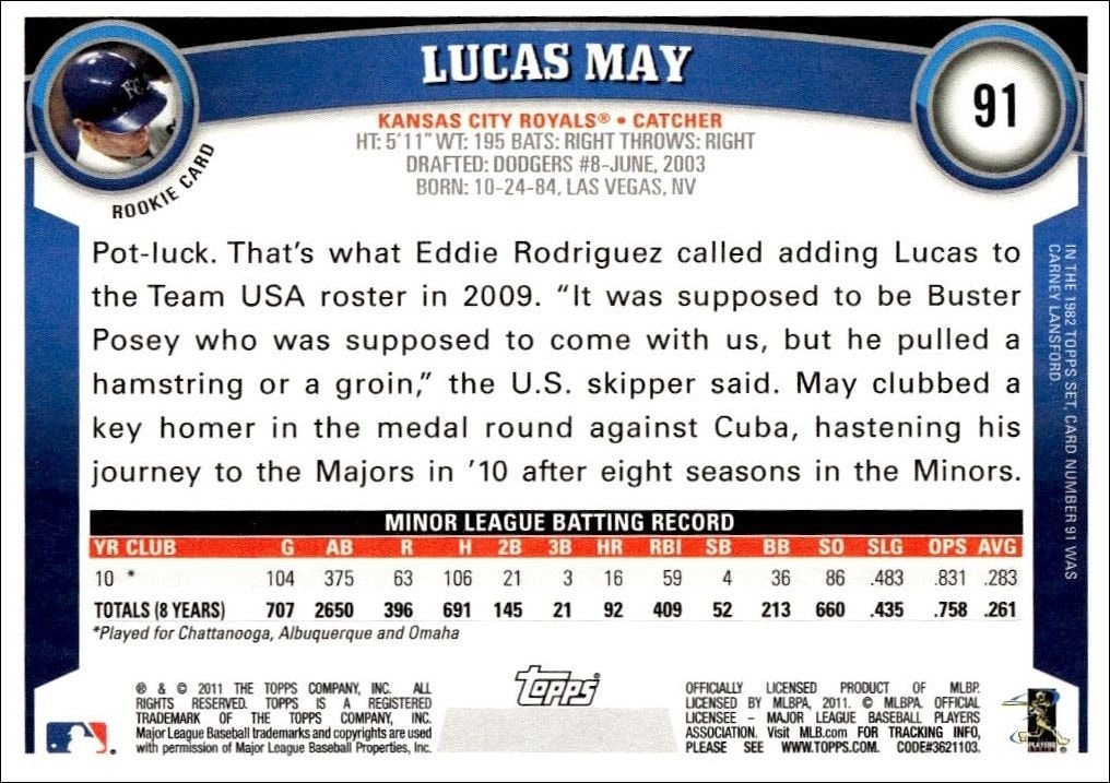 2011 Topps Lucas May #91 baseball trading card back