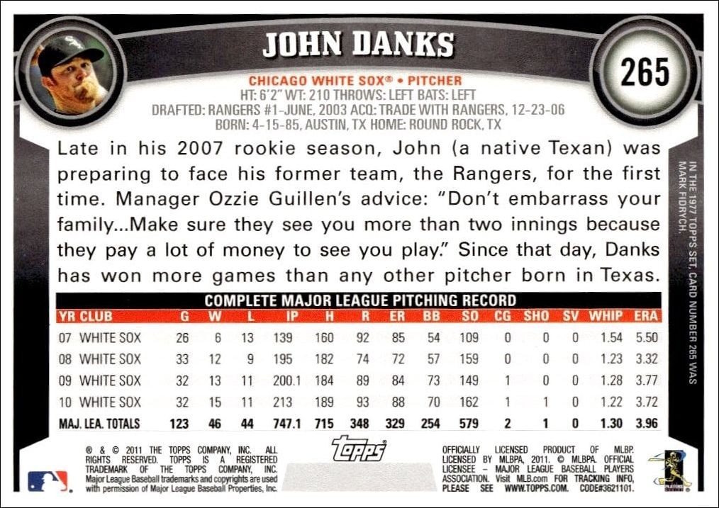 2011 Topps John Danks #265 baseball trading card back