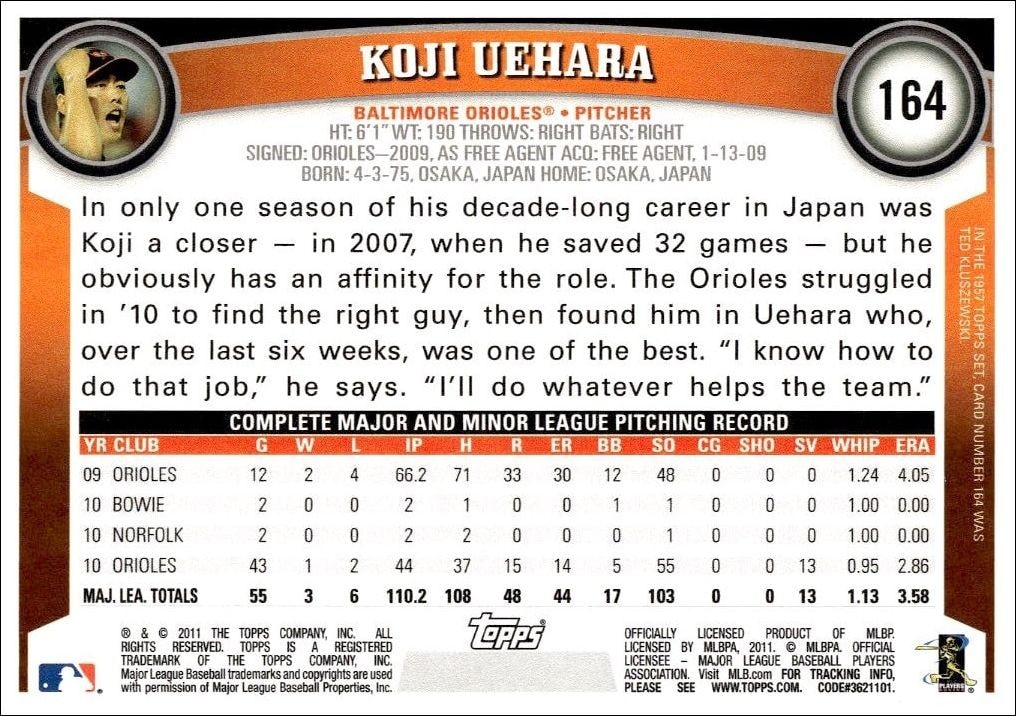 2011 Topps Koji Uehara #164 baseball trading card back