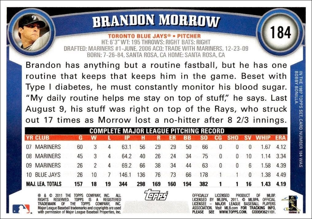 2011 Topps Brandon Morrow #184 baseball trading card back