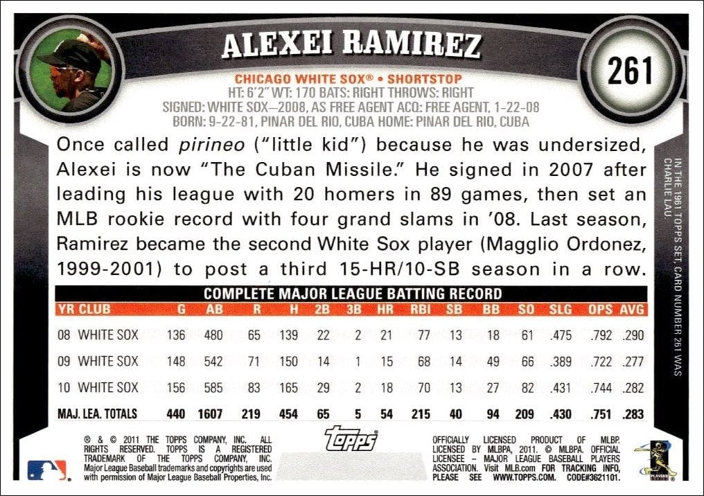 2011 Topps Alexei Ramirez #261 baseball trading card back