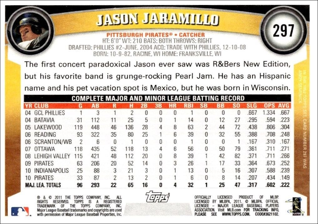 2011 Topps Jason Jaramillo #297 baseball trading card back