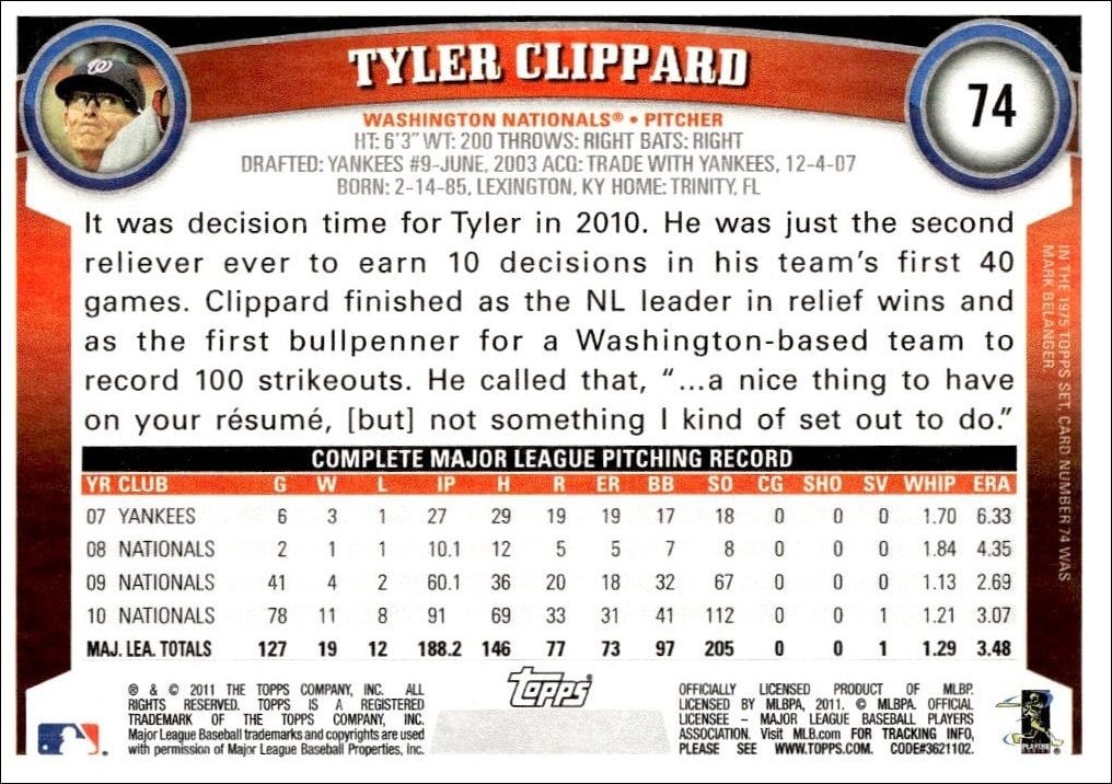 2011 Topps Tyler Clippard #74 baseball trading card back