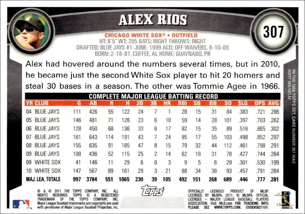 2011 Topps Alex Rios #307 baseball trading card back