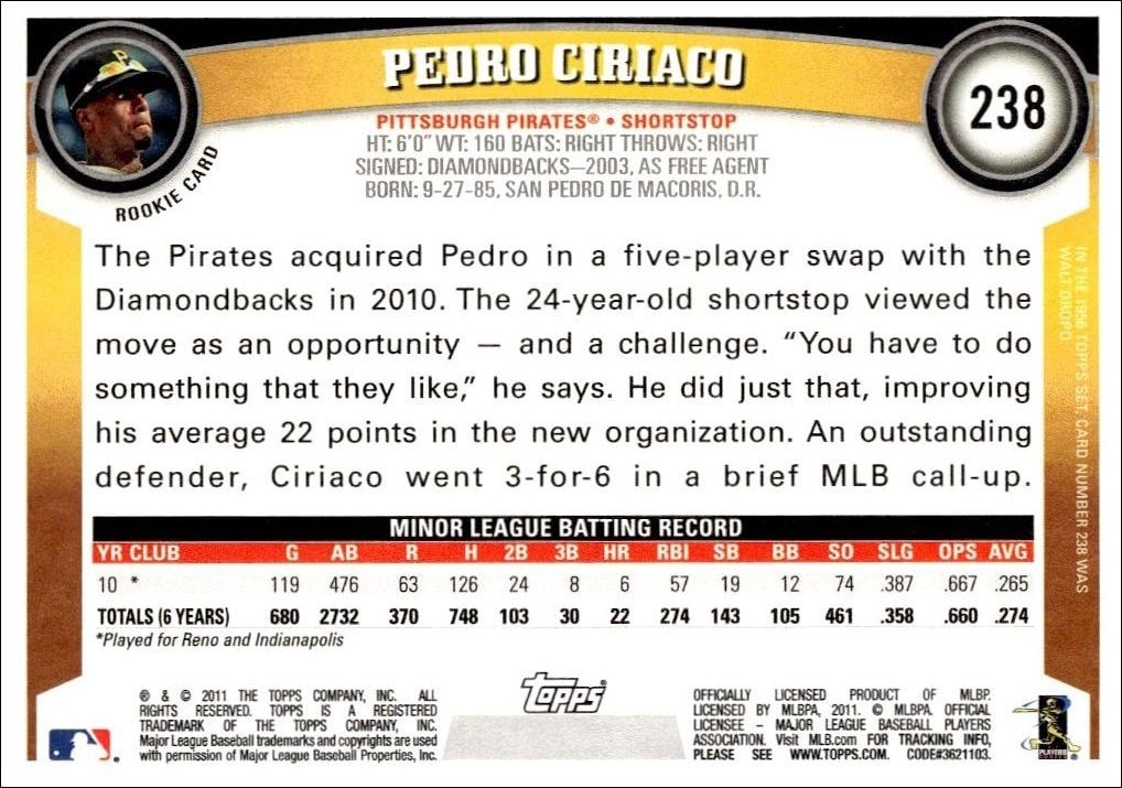 2011 Topps Pedro Ciriaco #238 baseball trading card back
