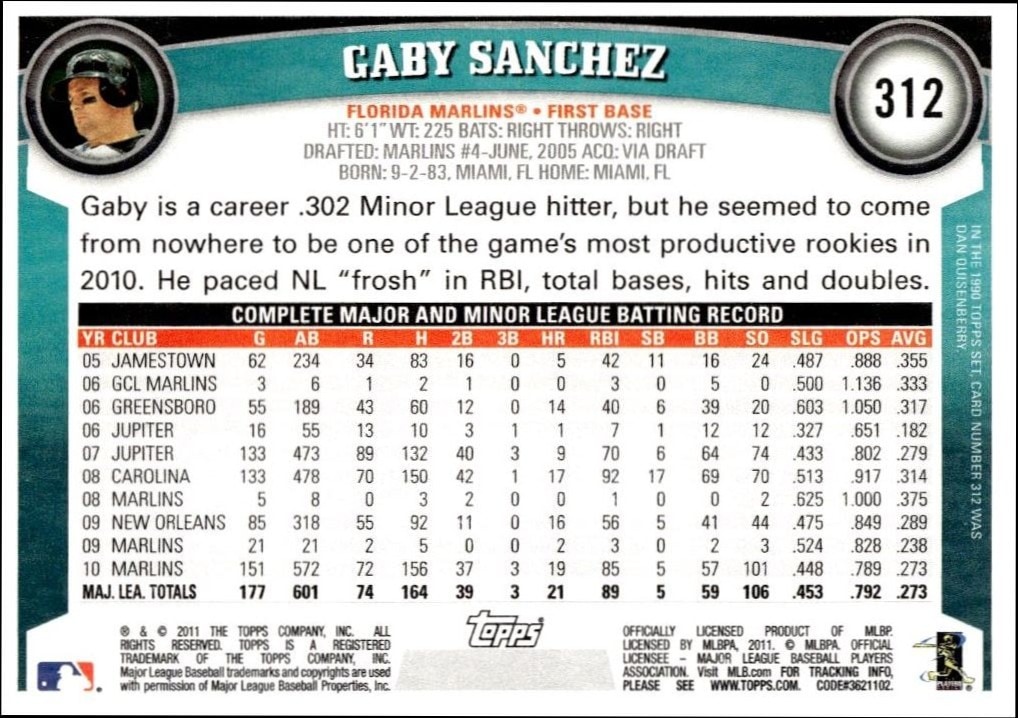 2011 Topps Gaby Sanchez #312 baseball trading card back