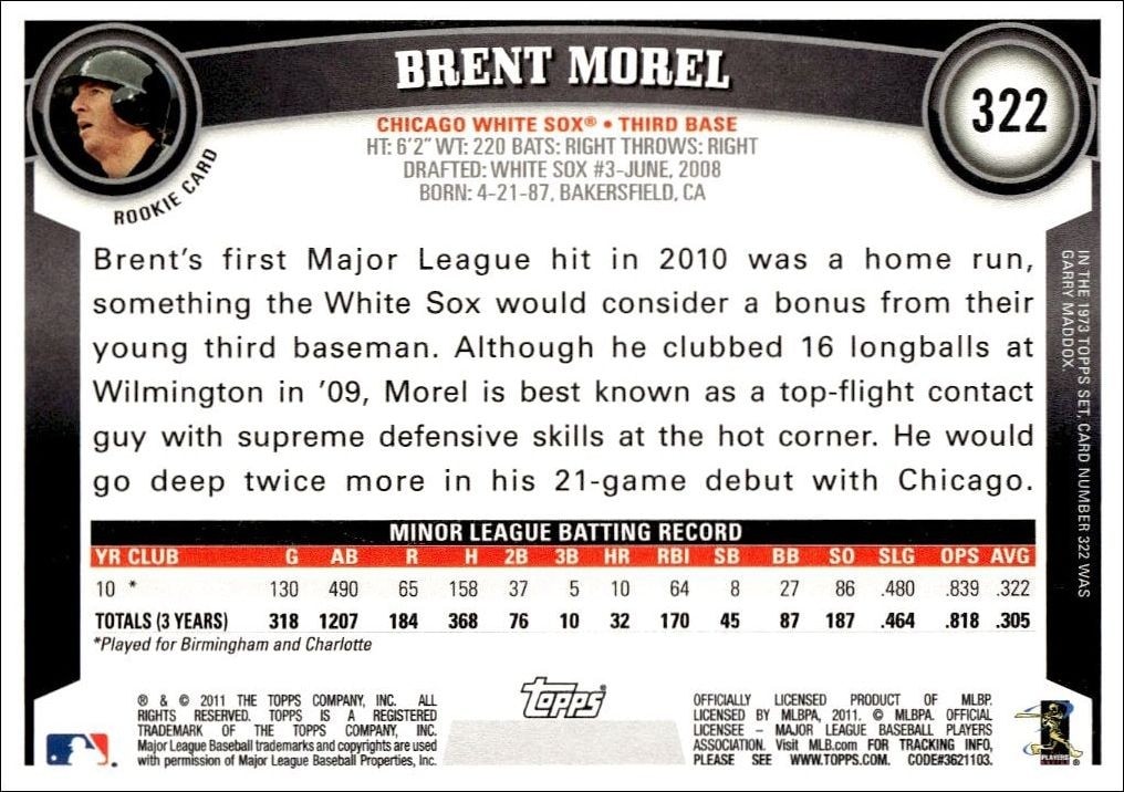 2011 Topps Brent Morel #322 baseball trading card back
