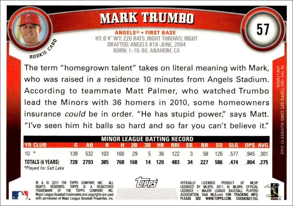 2011 Topps Mark Trumbo #57 baseball trading card back