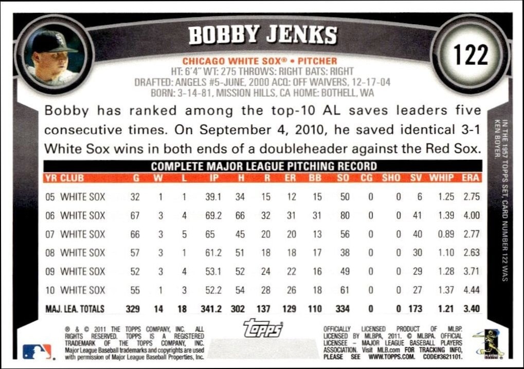 2011 Topps Bobby Jenks #122 baseball trading card back
