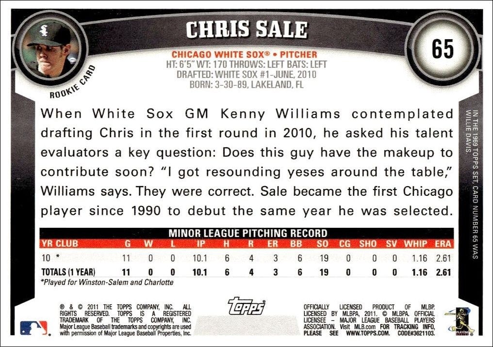 2011 Topps Chris Sale #65 baseball trading card back